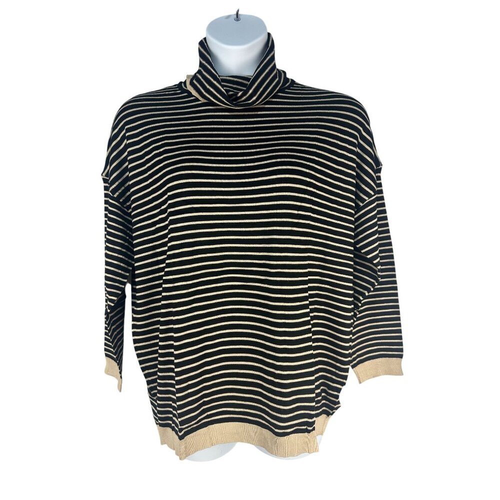 Cnlinkco Womens Oversized Turtleneck Sweater XL Black Beige Striped Long Sleeve